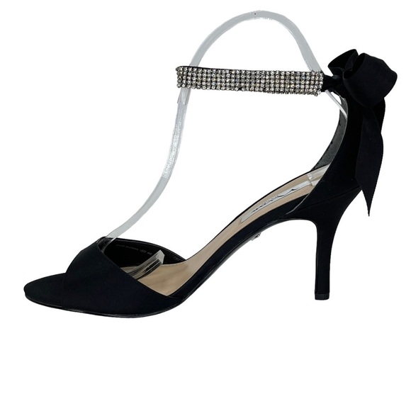 Nina Vinnie Black Satin Womens Heels 10M Rhinestone Ankle Strap - Picture 4 of 11